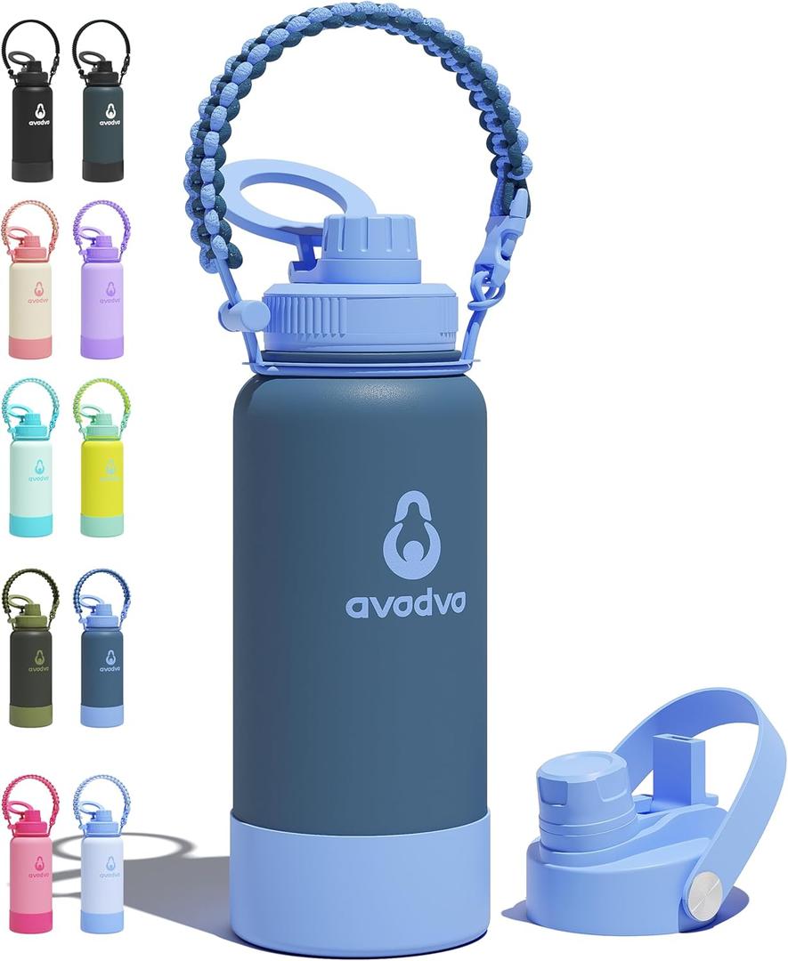 32 oz Insulated Water Bottle with 2 Lids (2-in-1 Straw & Spout Lid, Magnetic Lid), Slim Water Bottle with Strap, Stainless Steel Water Bottle for Hiking, Gym, Travel, BPA-Free, Dark Blue