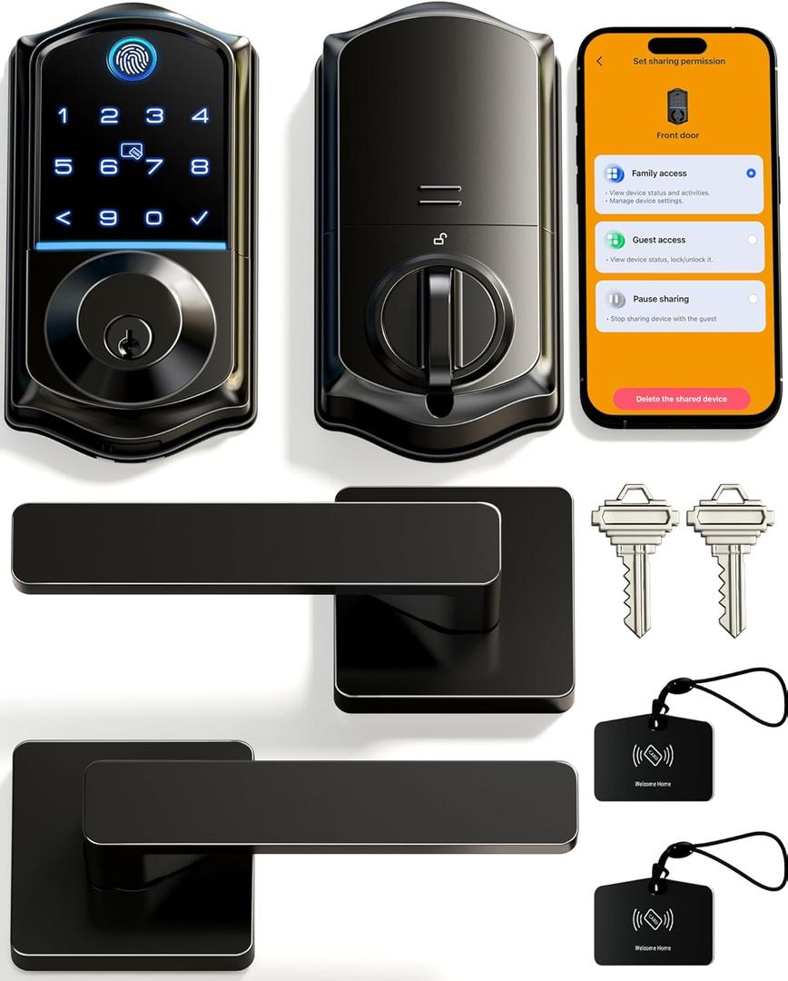 Veise VE017-B Fingerprint Smart Lock for Front Door, App Control, 8-in-1 Keyless Entry Deadbolt with 2 Zinc Alloy Lever Handles Set, Emergency Power Port, Auto Lock, Electronic Keypad, Black