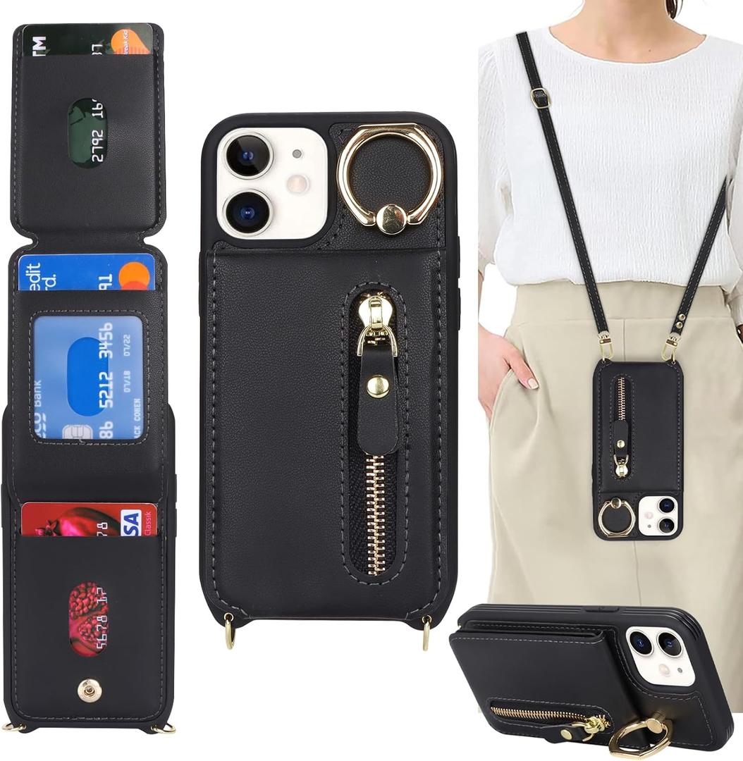 for iPhone 12 Mini Case with Card Holder for Women, for iPhone 12 Mini Phone Case Wallet with Strap Credit Card Slots Crossbody with Kickstand Zipper Case - Black