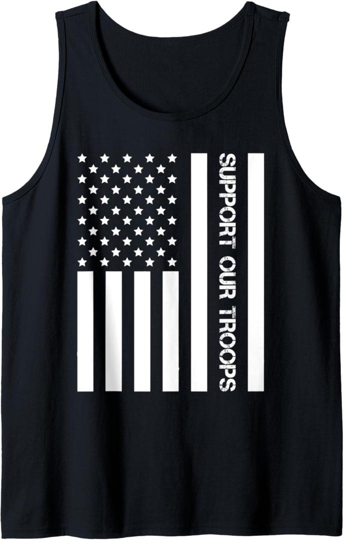 Support our Troops American Flag Tank Top (Small, Black)