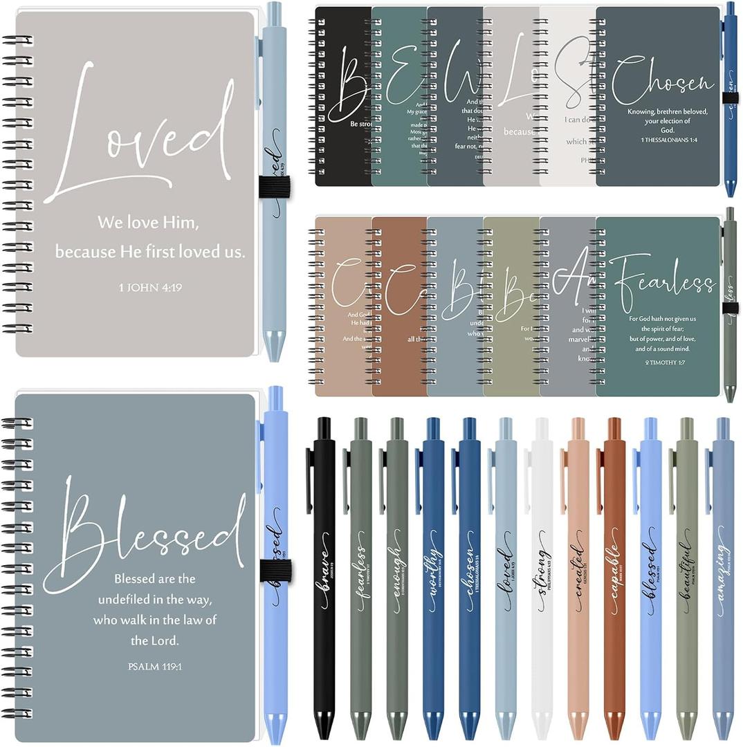 Kosiz 12 Sets Christian Gifts Bulk Inspirational Prayer Journals with Pens A6 Spiral Bible Notebook Religious Valentines Gift for Women Men Church Members Bible Study Groups (Boho Color)