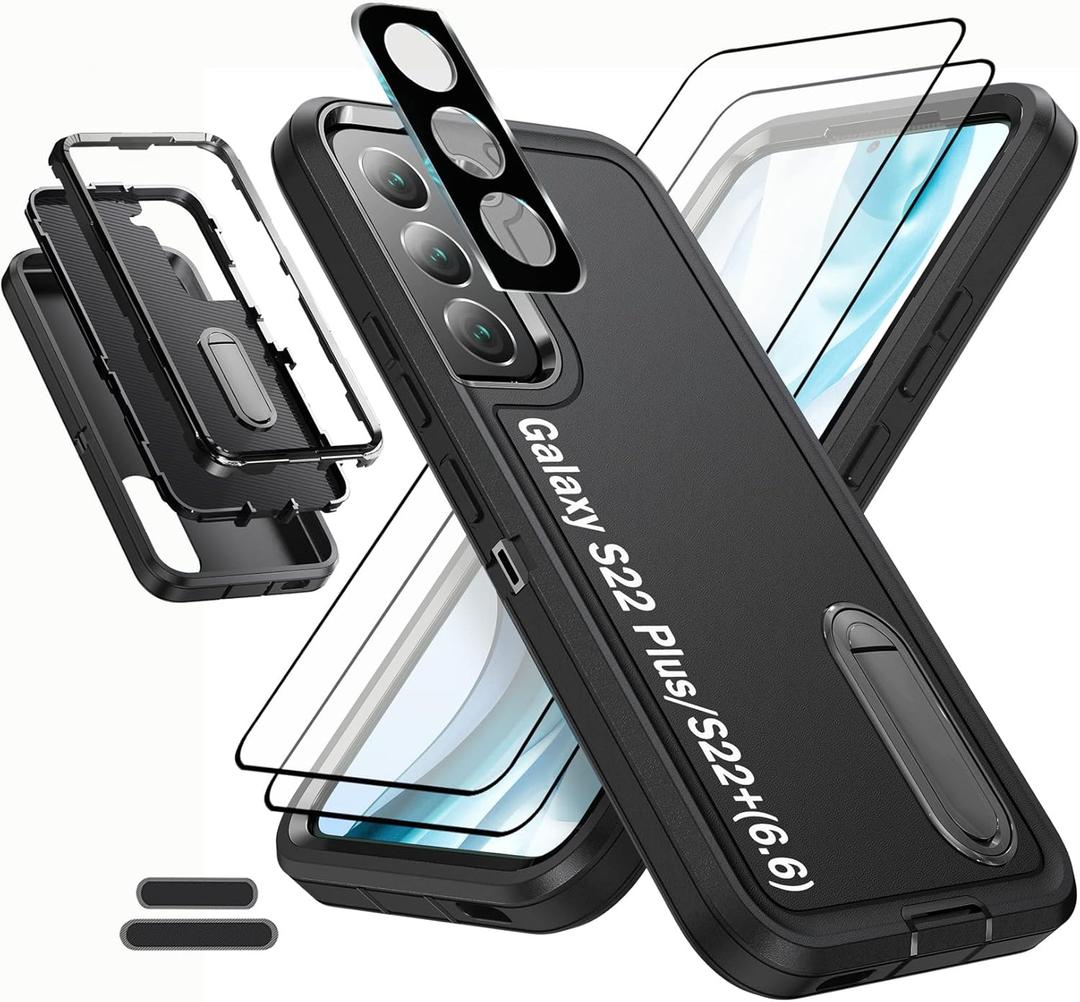 Case is Specially Designed for Galaxy S22 Plus/S22+ 6.6 Inch, Full Body Protection Heavy Duty Shock Absorbing 3 in 1 Silicone Rubber Built-in Stand with 2 Tempered Screen Protectors-Black