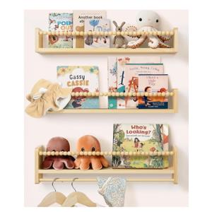 Nursery Book Shelves for Wall 24inch Set of 3, Natural Wood Bookshelf Wall Decor, Floating Shelf Organizer for Kids Room, Bedroom, Kitchen Spice Rack