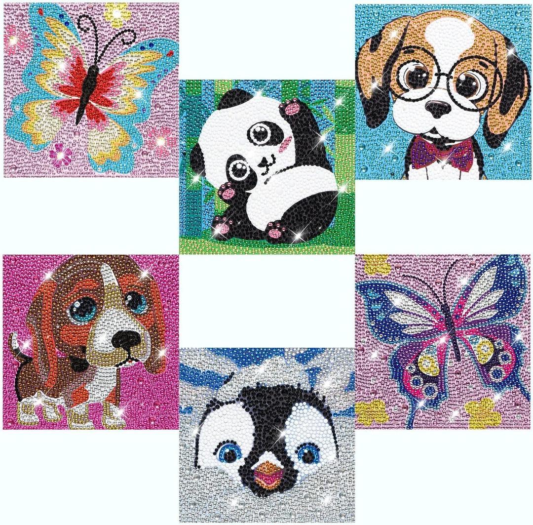 CHWGLFGG 6 Pack Diamond Painting Kits Beginners,5D DIY Diamond Art Kit for Kids 6-8-9-10-12 Girls Boys,Cute Animals Big Gem Art and Crafts,Easy Small Full Drill Painting Kits for Wall Decor 6" X 6"