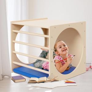 Kids Cube Cozy Corner, 24" Wooden Montessori Play Furniture, Solid Reading Nook with Cusion, Play Set and Palyhouse for Preschool, Home and Daycare (Natural Finish)