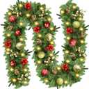 Christmas Garland with Lights, 9FT Prelit Christmas Garland Battery Operated Christmas Wreath with Pine Cones, Red Berries, Artificial Xmas Garland for Mantle, Fireplace, Stairs, Outdoor Decorations