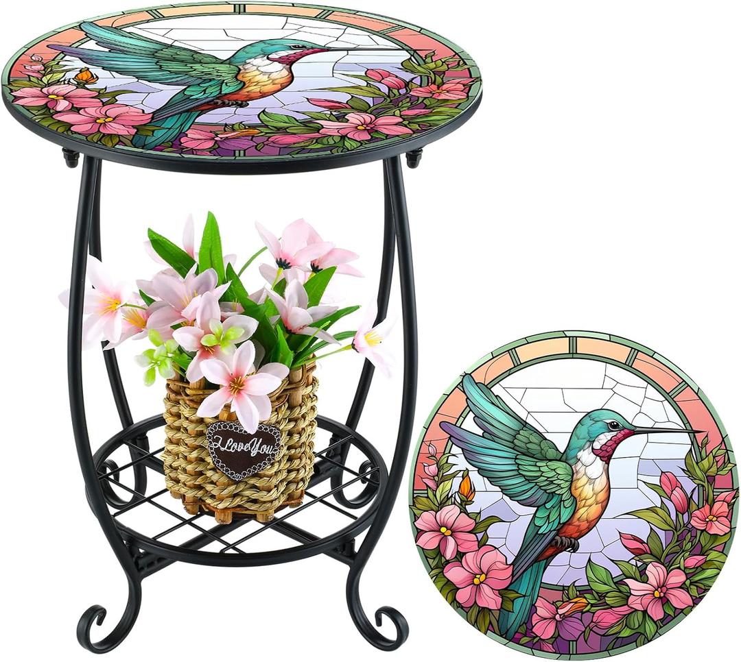 Outdoor Side Table Round Small Mosaic Patio Accent Indoor End Plant Metal Coffee Tea Table for Yard Porch Garden Patio Living Room, Bedroom (Hummingbird Style, 14 Inch)