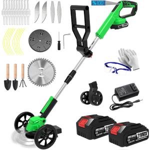 Electric Weed Wacker Cordless Eater Lightweight Edger Battery Powered Grass Trimmer/Lawn Edger/Mower/Brush Cutter, with 5 Types Blades and 2 Types Wheels for Yard and Garden Weeder Tool-Green
