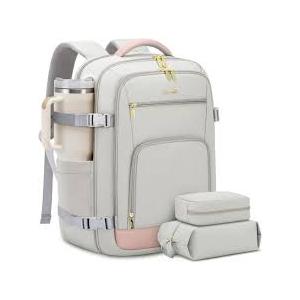 LOVEVOOK Travel Backpack For Women, 40L Carry On Backpack Flight Approved, TSA Personal Item Travel Bag Fits 17 Inch Laptop, Business Weekender Overnight Waterproof Daypack With 2 Cubes, Grey-Pink