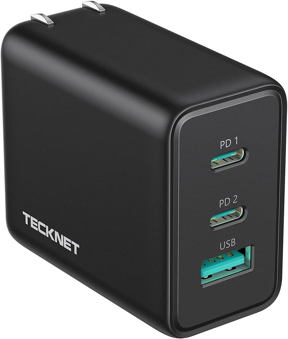 TECKNET 65W GaN Wall Charger PD 3.0 USB-C Fast Charger,3-Port Foldable Travel Adapter for iPhone 16 Pro Max/16 Pro/16 Plus/16/15/Galaxy S24/S25/MacBook Pro/Switch and More Series(Black)