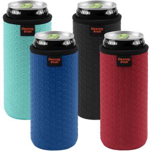 Desing Wish 4 Pack 12oz Slim Can Cooler Sleeves Honeycomb Embossing Insulated Neoprene Slim Soda Cans Sleeve Holders - Black/Red/Blue/Cyan