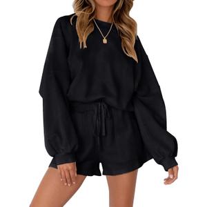 MEROKEETY Women's 2025 Fall Oversized Batwing Sleeve Lounge Sets Casual Top and Shorts 2 Piece Outfits Sweatsuit (Medium, Black)