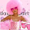 Colored Afro Wigs for Women Men 70s and Disco Sunglasses Set, Funny Wig with Curly Bouncy Huge Fluffy Puff and Oversize Retro Rhinestone Sunglasses - for Costume Cosplay Party (Pink)