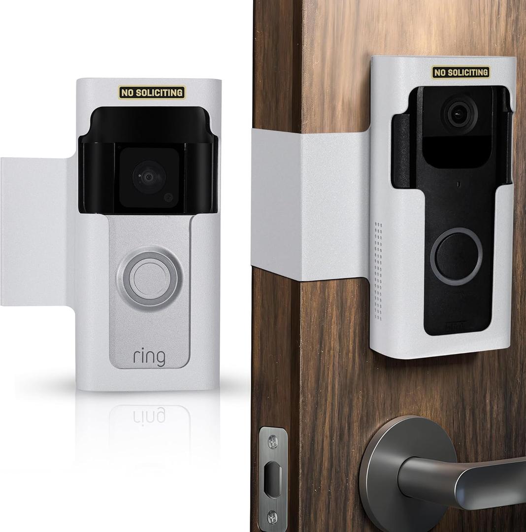 Anti Theft Ring Doorbell Mount: White Ring Doorbell Door Mount Blink Camera Holder - Metal, No Drill Required (Glittery Frosted White)