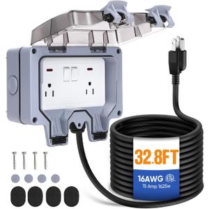 Outdoor Power Outlet,Outdoor Extension Cord Waterproof Double Wall Outlet Extender with On-Off Switch and Indicator LightExterior Electric External Power Outlet,Outside Outlet (32.8FT) Outdoor Power Outlet,Outdoor Extension Cord Waterproof Double Wall Outlet Extender with On-Off Switch and Indicator LightExterior Electric External Power Outlet,Outside Outlet (32.8FT)
