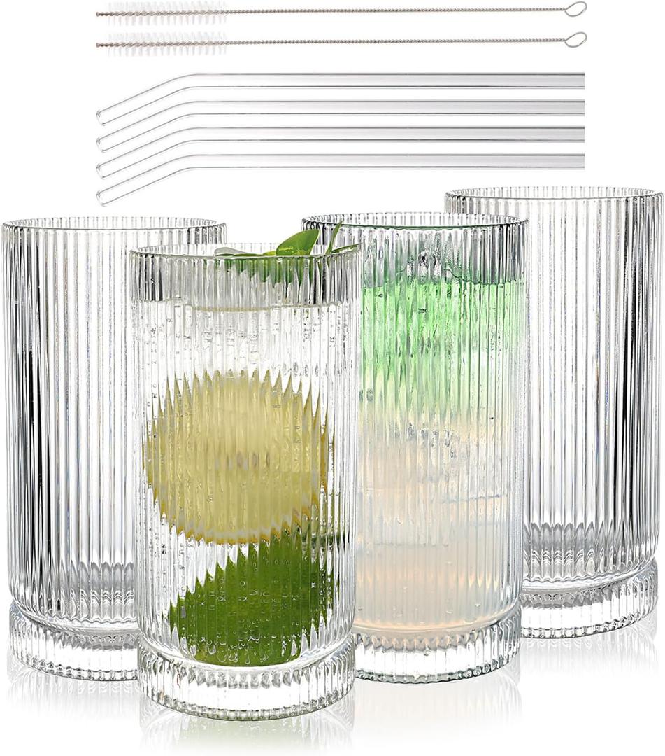 Vintage Ribbed Glassware Set with straws, 16oz Drinking Glasses, Origami Style Set of 4, Fluted Design, Ideal for Water, Iced Coffee, Juice, Beer, Milk, Cocktail, Gift