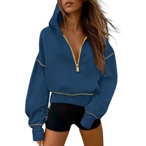 PRETTYGARDEN Women's 2026 Fall Hooded Sweatshirts Long Sleeve Half Zip Cropped Hoodies Pullover Winter Fashion Clothes (Large, Dark Blue)