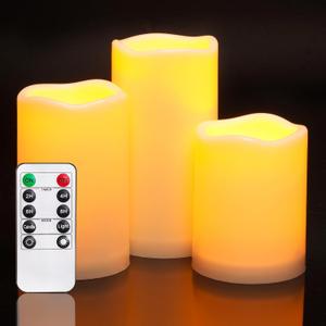 Homemory 3 Pack Flameless Candles, Outdoor Waterproof, Battery Operated LED Pillar Candles with Remote Control and Timer, Plastic, Long Lasting456