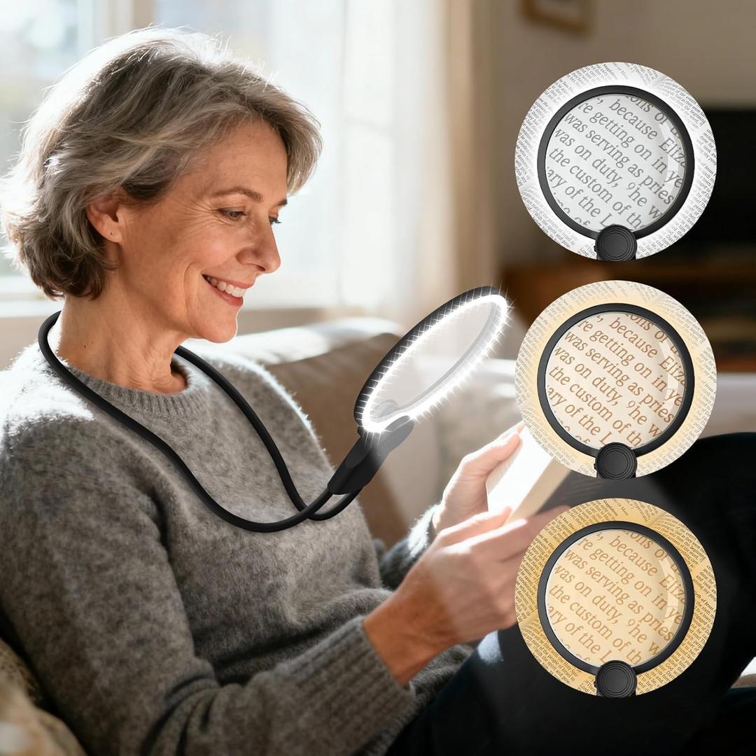 Hands Free Magnifying Glass with Light for Close Work, 5.5 Inch 5X Lighted Magnifying Glass, Neck Wear Magnifier for Reading Books, Sewing, Cross Stitch, Low Vision Seniors with Aging Eyes