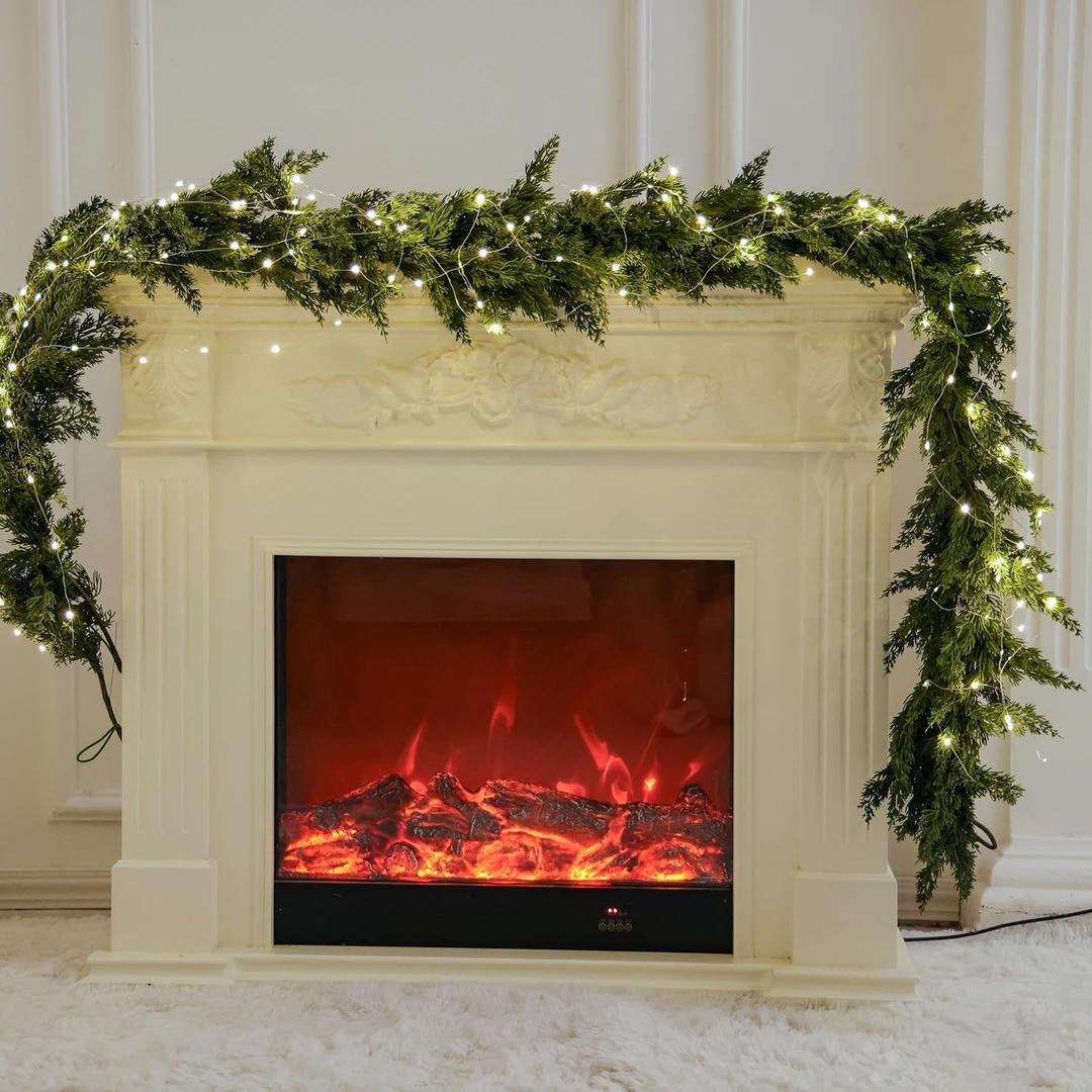 MISSPIN Christmas Garland with Lights, Real Touch Winter Pine Garland, Green Artificial Greenery Garland for Table, Mantle, Wall, Indoor, Outdoor Christmas Decorations (9FT)