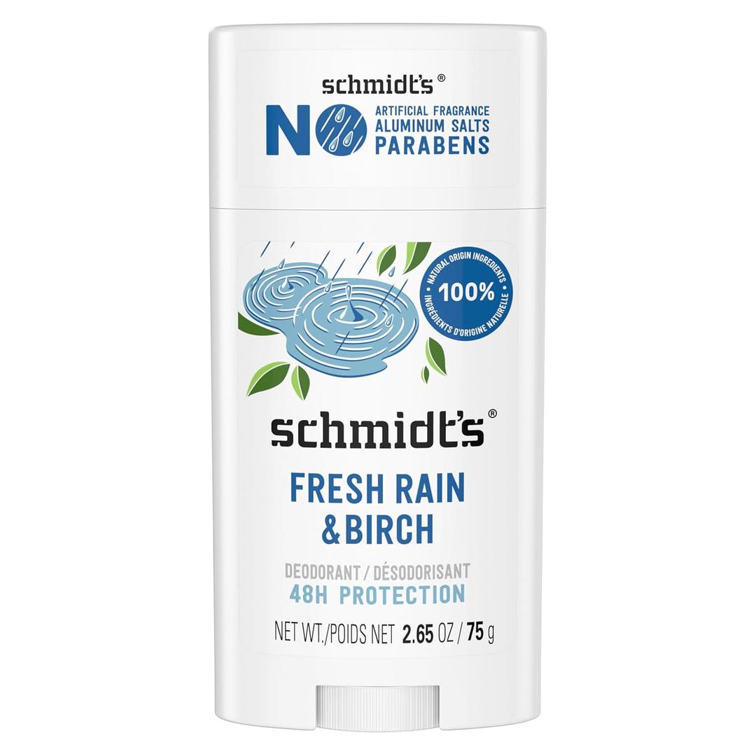 Schmidt's Aluminum-Free Vegan Deodorant Fresh Rain & Birch with 24 Hour Odor Protection, for Women and Men, Natural Ingredients, Cruelty-Free, 2.65 oz