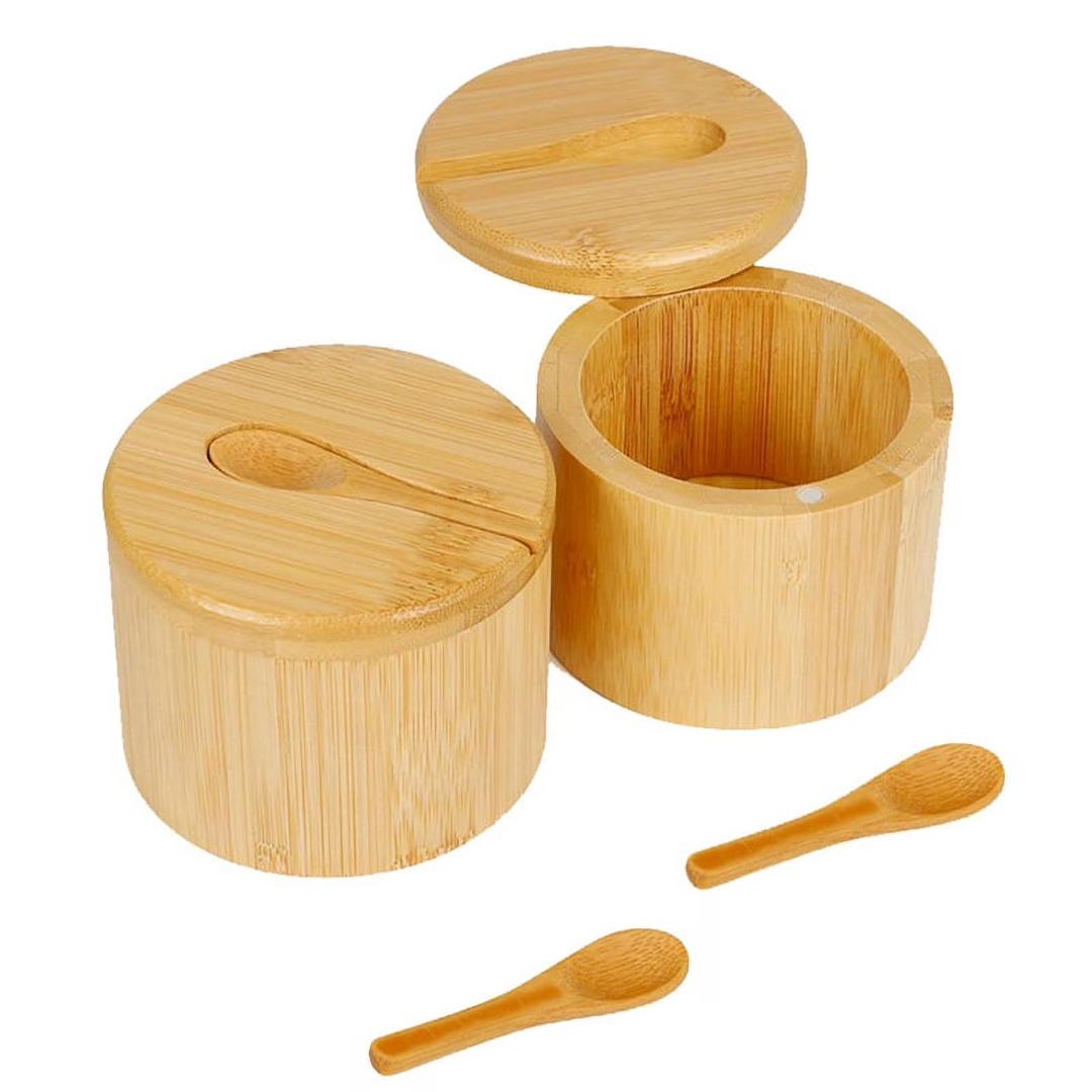 2Pcs Bamboo Salt Cellar Spice Storage Box with Magnetic Swivel Lid & Spoon for Pepper, Table Salt, Gourme