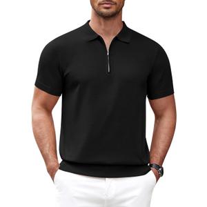 COOFANDY Men's Zipper Polo Shirt Casual Knit Short Sleeve Polo T Shirt Classic Fit Shirts (Black, XXXL)