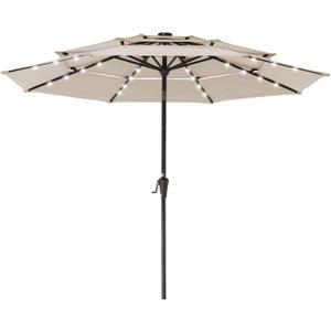 JEAREY 3 Tiers Patio Umbrella with Solar Lights 9ft Outdoor Market Table Umbrellas with Push Button Tilt for Outside Pool Garden, Tan