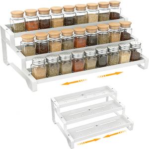 3-Tier Spice Rack Organizer, 13"-21.5" Expandable Spice Organization Shelf, Metal Seasoning Organizer for Kitchen Countertop or Pantry, Slip-Resistant Design for Jars and Bottles, White (Blue, M)
