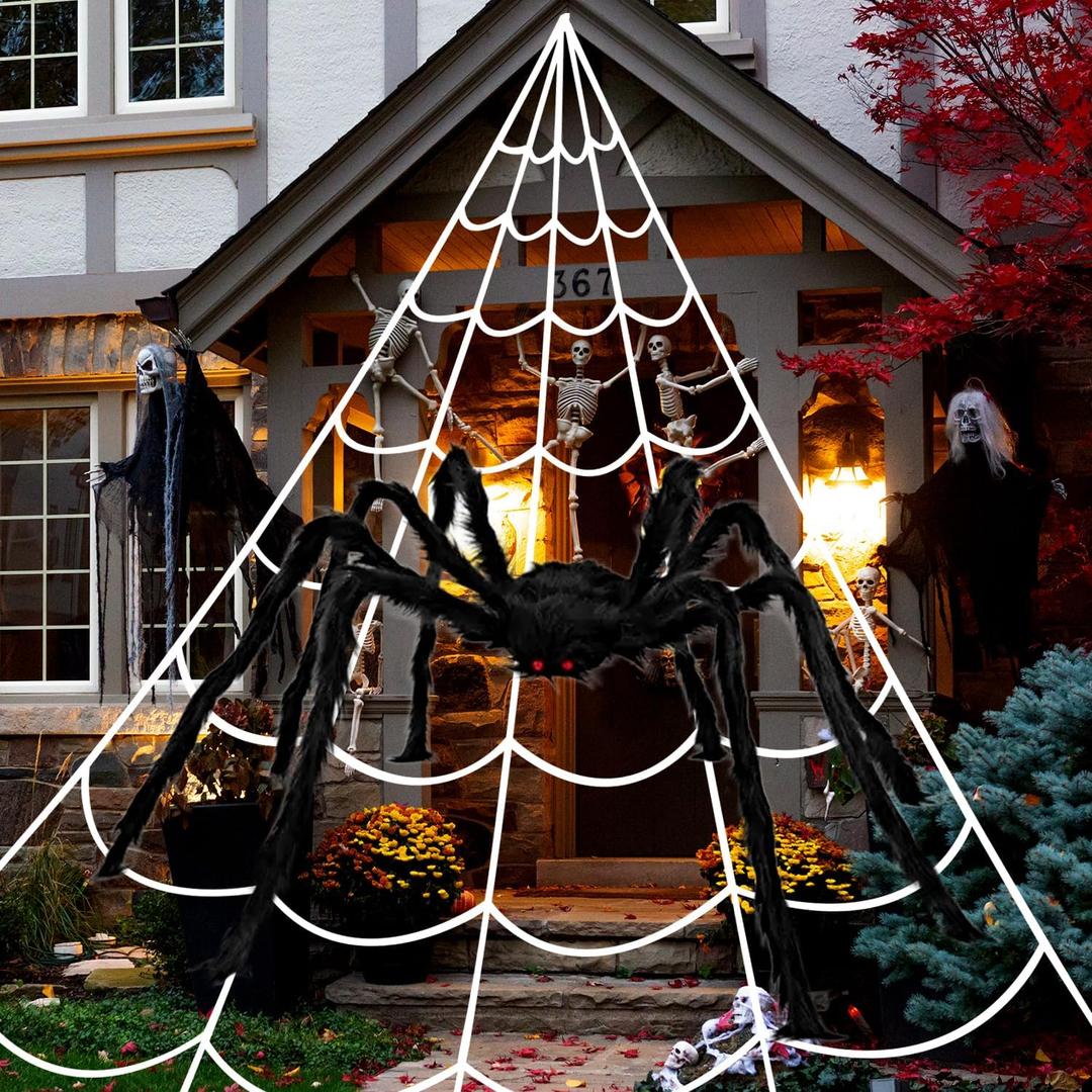 276" Halloween Spider Web 59" Giant Spider Decorations 20 Fake Spiders with Triangular Huge Spiders Web for Yard Lawn Garden Patio Scary Outside Decor-Indoor Haunted House Prop Party Halloween Decor