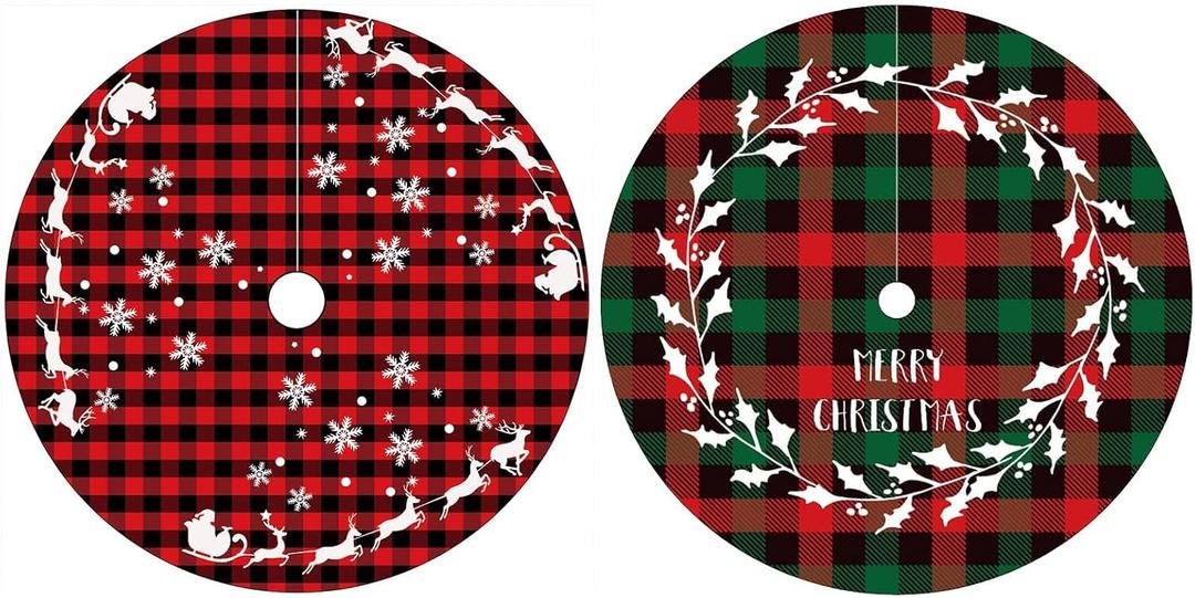 2-Piece Mini Christmas Tree Skirt - 15 Inch Buffalo Check Plaid Tree Skirt - Red & Black Plaid - Snowflake, Reindeer & Santa Designs