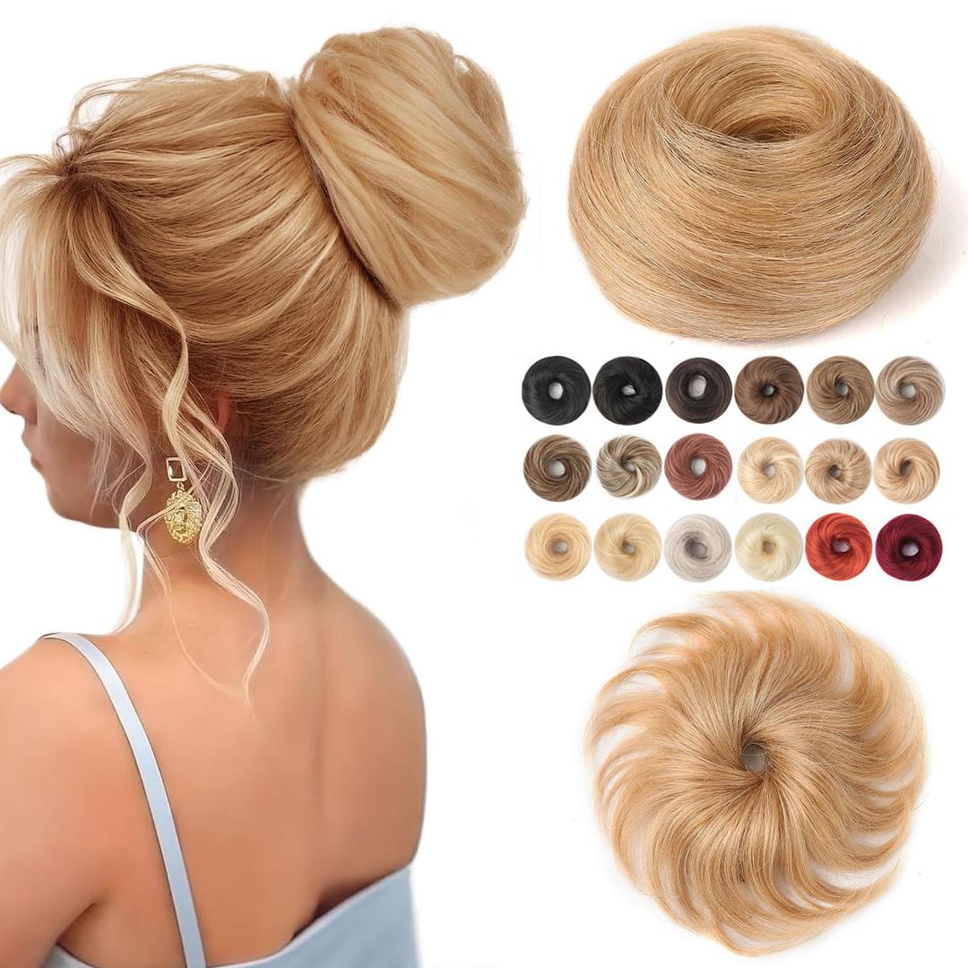 Fullart Human Hair Messy Bun Hair Bun #18 1 Count Ash Blonde Wavy Tousled Smooth Stretchy Fluffy Donut Updo Elastic Rubber Band Natural Curly Human Hair Bun Extension Chignons Scrunchies, Color: #18 Ash Blonde
