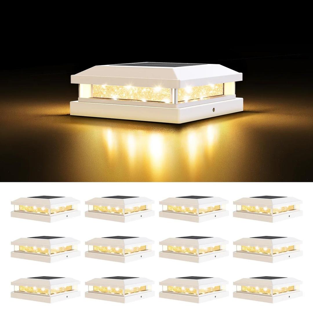 EXCMARK 4x4 Solar Post Cap Lights Outdoor Waterproof 12 Pack Fence Deck Post Lights with High-Brightness LEDs, Dual Light Modes Warm White & Cool White (Classic White, 12) 