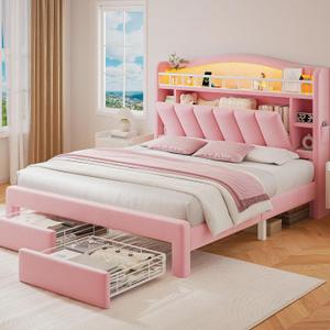 Full LED Bed Frame with Storage Headboard & 2 Storage Drawers, Princess Velvet Upholstered Bed with Vertical Tufted Headboard Design for Girls, USB & Type-C Charging Ports, Wooden Slats Support, Pink