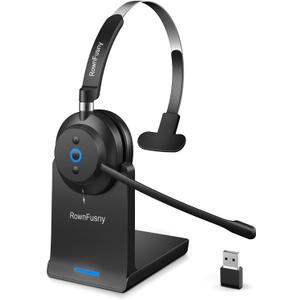 Wireless Headset with Mic for Work, Bluetooth Headphones with Microphone, Computer Headset with Microphone, Bluetooth 5.3 Headset with Charging Base & USB Dongle for PC/Office/Home/Call Center