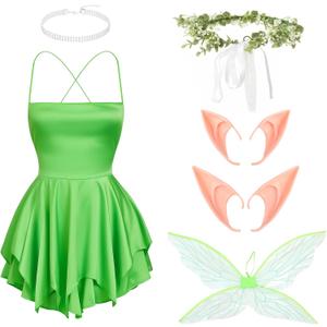 Foaincore 6 Pcs Halloween Fairy Costume Women's Dress Rhinestone Necklace Garland Headband Elf Ears Wings Role Play (Medium)