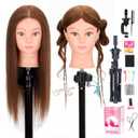 Mannequin Head Human Hair with Tripod Stand 22"-24" Female 100% Human Hair Mannequin Head Hair Styling Cosmetology Manikin Head Doll Head for Hairdresser with Clamp Holder and Tools (#4 Set)