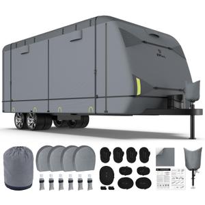 RVMasking RV Cover, Heavy Duty 7 Layers Travel Trailer Cover with 4 Tire Covers for 20'1"-22', Windproof Rip-Stop Anti-UV Camper Cover, Medium Gray (20'1"-22', Medium Gray)