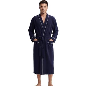U2SKIIN Men's 100% Cotton Lightweight Robe, Soft Breathable Bathrobe with Pockets, Classic Kimono Spa Robe for Men (Large-X-Large, Navy)