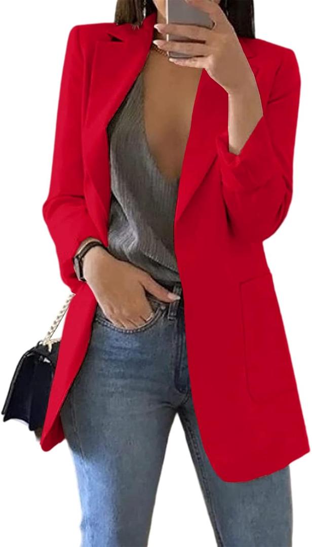 Cnkwei Womens Casual Blazers Open Front Long Sleeve Lapel Collar Work Office Jacket (X-Large, Red)