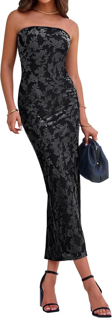 BTFBM Women Spring Dresses 2025 Elegant Wedding Guest Dresses Bodycon Tube Maxi Dress Split Floral Cocktail Dress (Black, XXL)