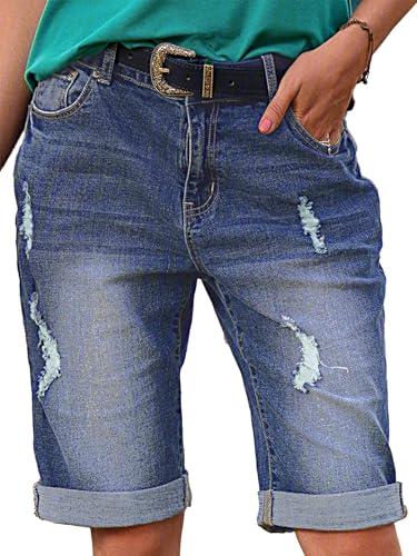 Flamingals Women's Ripped Rolled Hem Denim Bermuda Shorts Without Belt Mid Waist Casual Shorts Mid Blue M