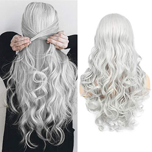 Sallcks Women's Long Curly Wavy Silver Gray Wigs Cosplay Costume Halloween Wigs Synthetic Middle Parting Replacement Wig