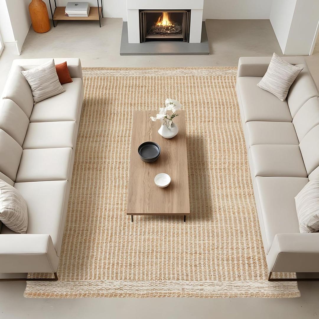 8x10 feet Natural Jute & Wool Area Rug, Handwoven Mini Check Natural Fiber Rug with 4" Border, Neutral Boho Farmhouse Rug for Living Room,Dining Room,Bedroom | 0.6" Pile (8' x 10')