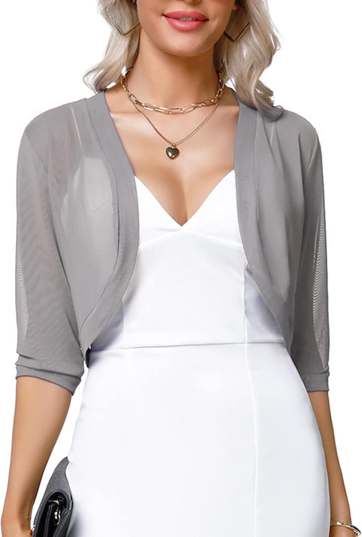 Aiboria Women 3/4 Sleeve Sheer Shrugs Open Front Mesh Bolero Cropped Cardigan S-XXL