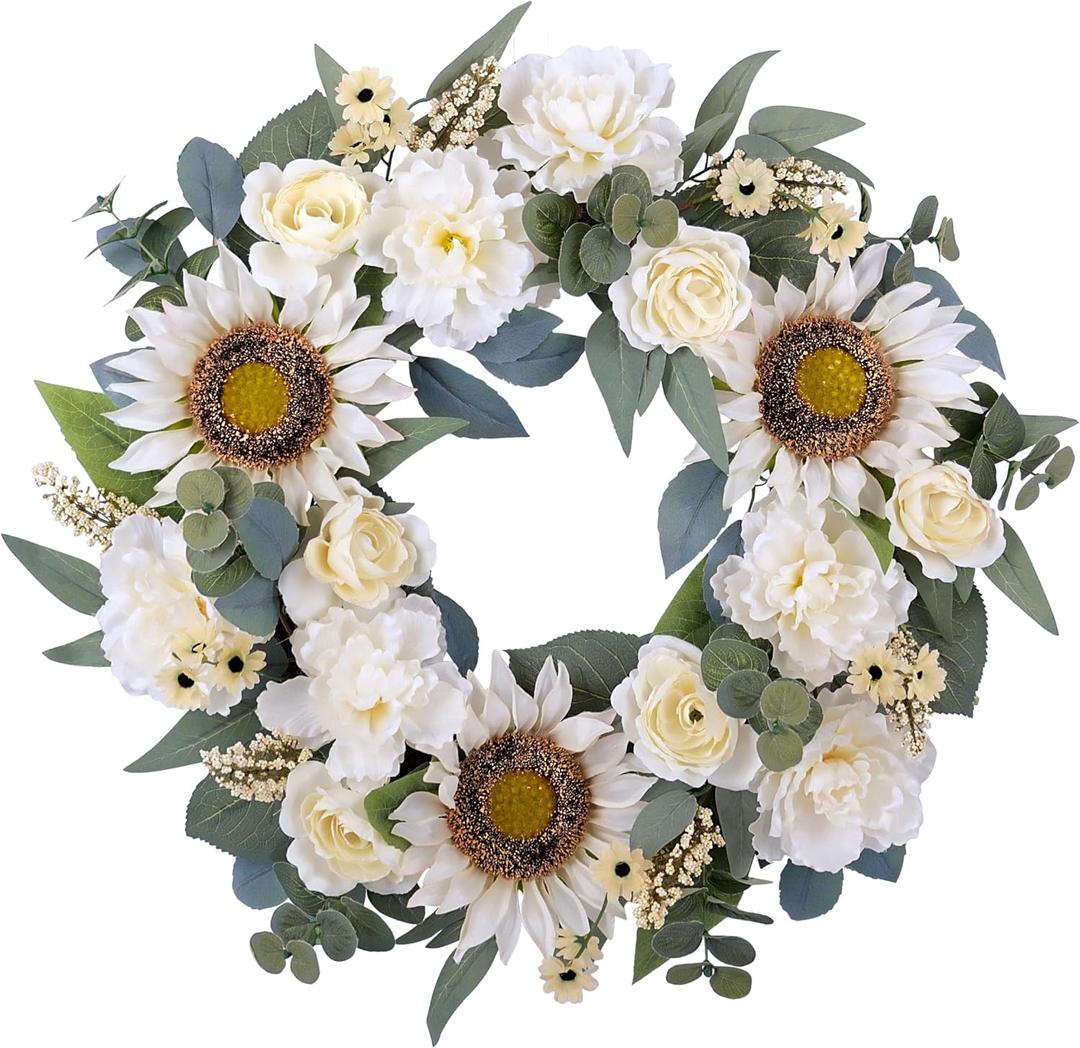 Spring Wreath for Front Door - 24 Inch White Flower With Artificial Sunflower, Peony, Rose - Mixed Faux Floral Spring Summer Decoration for Home Indoor Outdoor Door Wall