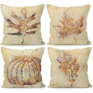 Fall Pillow Covers - 18x18, Rustic Maple Leaves Harvest Linen Throw Pillow Covers Set of 4, Farmhouse Autumn Thanksgiving Gifts for Home Room Bedroom