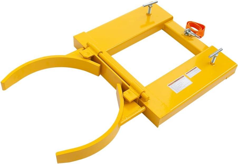 Drum Grabber 1500lbs Capacity Single Fork Mounted Drum Gripper, Hinged Folding Arm Design for 55 Gallon Drums up to 22.4" Diameter, Yellow