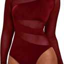 Milumia Women's Sexy Cut Out Sheer Mesh Long Sleeve Bodysuit Crew Neck Body Suits Going Out Bodysuit Tops Burgundy X-Small