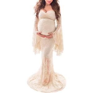 Saslax Off Shoulder Lace Maternity Dress for Photography Maxi Maternity Props Dresses for Photo Shoot Baby Shower (Small, Champagne)